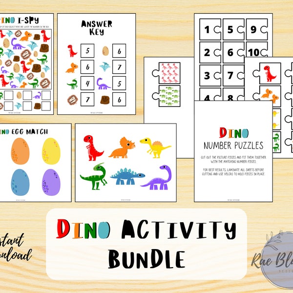 Dino Activity Bundle INSTANT DOWNLOAD, Dinosaur Learning Printable, Toddler Learning Activity, Toddler Busy Book, Dinosaur Printable