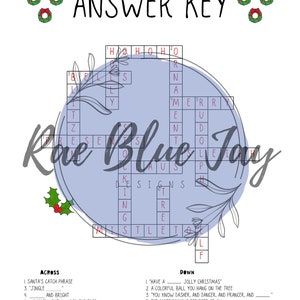 May include: A blue and white Christmas-themed crossword puzzle with the answer key filled in. The puzzle features words like "presents", "mistletoe", "reindeer", and "jolly".