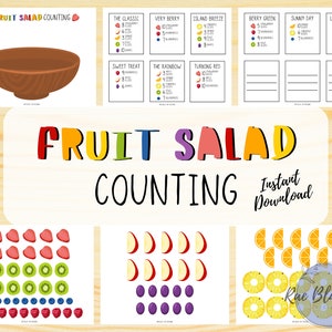 Könnte beinhalten: Ein druckbarer Satz von Obst-Salat-Zählkarten für Kinder. Die Karten zeigen bunte Illustrationen von verschiedenen Früchten, wie Erdbeeren, Äpfel, Orangen und Ananas. Die Karten sollen Kindern helfen, das Zählen und das Erkennen verschiedener Früchte zu lernen.