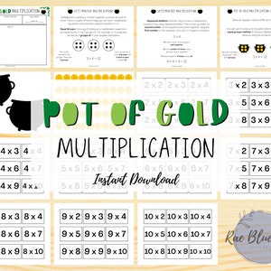 May include: A printable worksheet for learning multiplication with a pot of gold theme. The worksheet includes a variety of multiplication problems, including 4x2, 4x3, 4x4, 4x5, 4x6, 4x7, 4x8, 4x9, 4x10, 5x5, 5x6, 5x7, 5x8, 5x9, 5x10, 6x5, 6x6, 6x7, 6x8, 6x9, 6x10, 7x2, 7x3, 7x4, 7x5, 7x6, 7x7, 7x8, 7x9, 7x10, 8x2, 8x3, 8x4, 8x5, 8x6, 8x7, 8x8, 8x9, 8x10, 9x2, 9x3, 9x4, 9x5, 9x6, 9x7, 9x8, 9x9, 9x10, 10x2, 10x3, 10x4, 10x5, 10x6, 10x7, 10x8, 10x9, 10x10. The worksheet is labeled "Pot of Gold Multiplication" and "Instant Download".