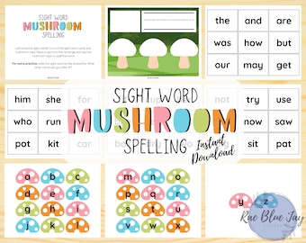 Sight Word Mushroom spelling INSTANT DOWNLOAD, kleuterschool Sight woordleeractiviteit afdrukbaar, spellingwerkblad, homeschool
