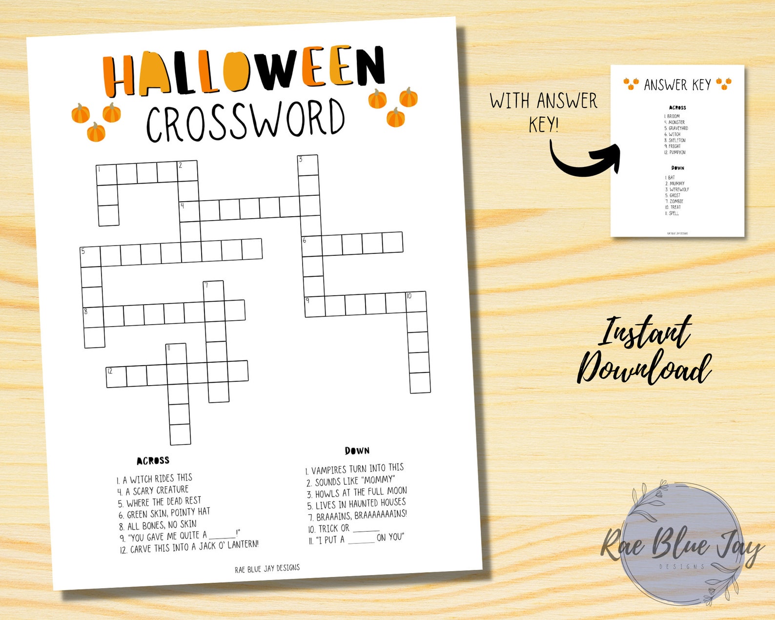 Halloween Crossword Puzzle Printable INSTANT DOWNLOAD, Kids Crossword ...