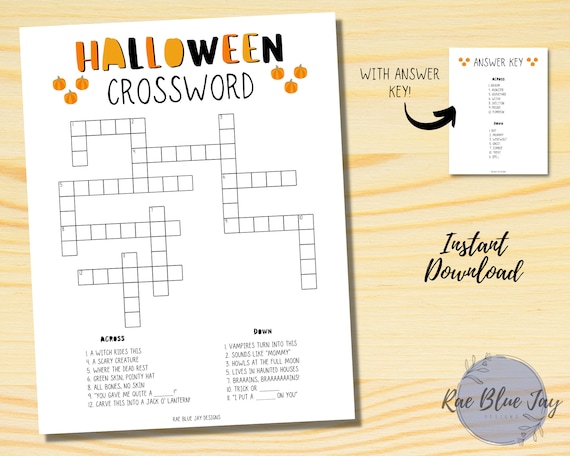 Halloween Crossword Puzzle Printable INSTANT DOWNLOAD, Kids Crossword Puzzle, Halloween Game, Halloween Activity, Kids Halloween Fun