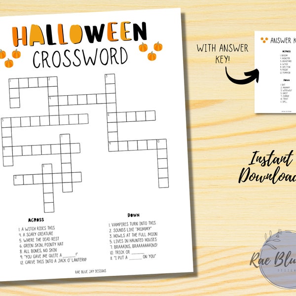 Halloween Crossword Puzzle Printable INSTANT DOWNLOAD, Kids Crossword Puzzle, Halloween Game, Halloween Activity, Kids Halloween Fun