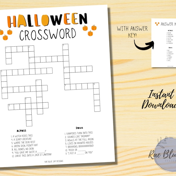 Halloween Crossword Puzzle Printable INSTANT DOWNLOAD, Kids Crossword Puzzle, Halloween Game, Halloween Activity, Kids Halloween Fun