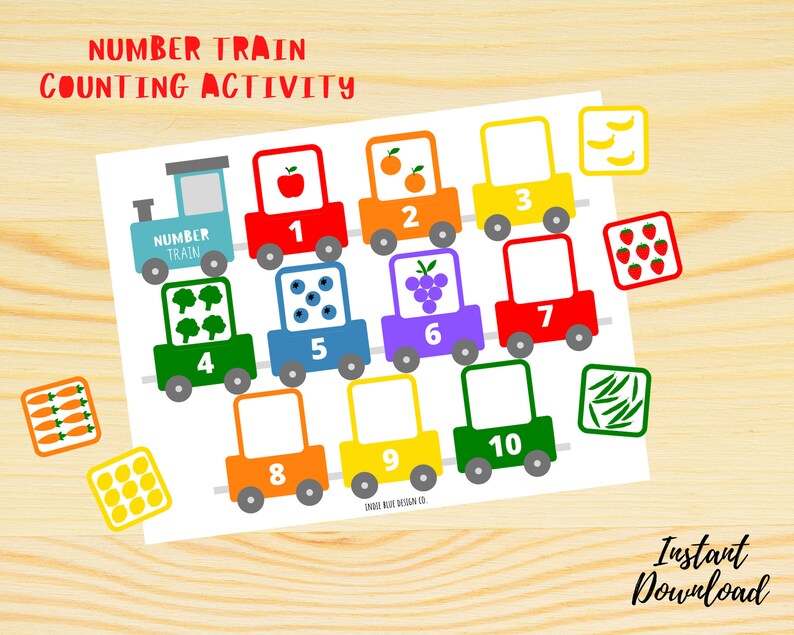 May include: A printable number train counting activity worksheet with colorful train cars numbered 1 through 10. Each car has a different fruit or vegetable image. The worksheet includes separate images of fruits and vegetables to match the cars.