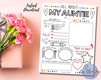 Todo sobre mi tía DESCARGA INSTANTÁNEA, Imprimible del Día de la Madre, Regalo para la tía, Regalo del Día de la Madre, Entrevista para niños, Regalo de la tía