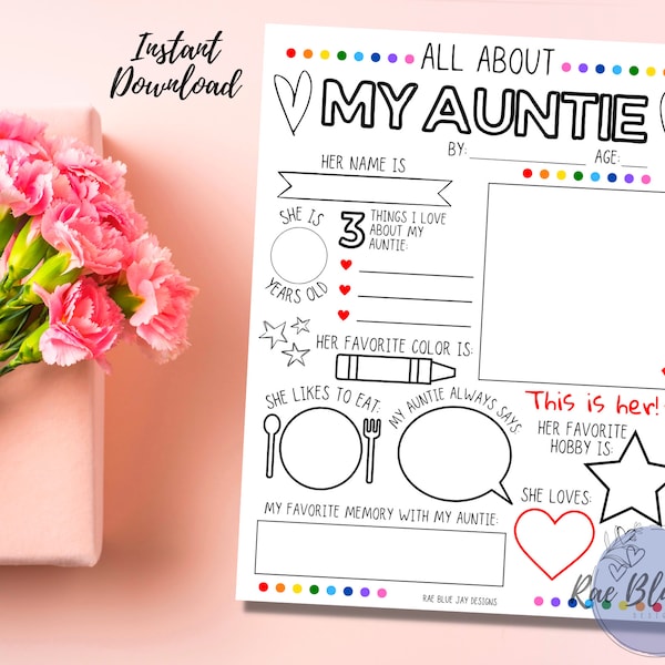 All About My Auntie INSTANT DOWNLOAD, Mother's Day Printable, Gift for Aunt, Mother's Day Gift, Kids Interview, Aunt Gift