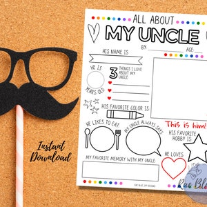 All About My Uncle INSTANT DOWNLOAD, Father&#39;s Day Printable, Interview, Kids Printable, Father&#39;s Day Gift, Fun Gift for Uncle
