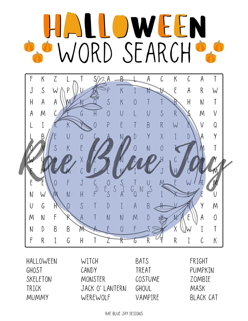 May include: A printable Halloween word search puzzle with a blue background and a floral design. The puzzle features words related to Halloween, such as "ghost", "witch", "vampire", and "black cat".