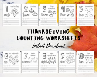 Hojas de trabajo de conteo de Acción de Gracias, Descarga instantánea, Actividad de Acción de Gracias, Práctica de conteo, Imprimible de educación en el hogar, Actividad de educación en el hogar