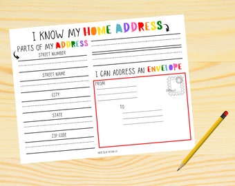 May include: A printable worksheet for kids to learn about home addresses. The worksheet includes a section for writing down the parts of an address, such as street number, street name, city, state, and zip code. It also includes a section for practicing addressing an envelope.