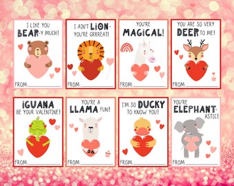 Può includere: Otto biglietti di San Valentino stampabili con illustrazioni di animali carini e giochi di parole. Ogni biglietto presenta un animale diverso e un messaggio di San Valentino. Gli animali includono un orso, un leone, un unicorno, un cervo, un'iguana, un lama, un'anatra e un elefante.
