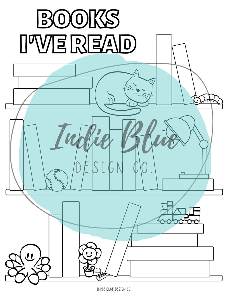 K&ouml;nnte beinhalten: Schwarz-wei&szlig;-Zeichnung eines B&uuml;cherregals mit dem Text "BOOKS I'VE READ" oben. Das B&uuml;cherregal hat drei Regalbretter mit B&uuml;chern, eine Katze, die auf den B&uuml;chern schl&auml;ft, einen Baseball, eine Spielzeugbahn, eine Blume, einen Tintenfisch und eine Lampe. Der Text "Indie Blue Design Co." steht auf dem zweiten Regal.