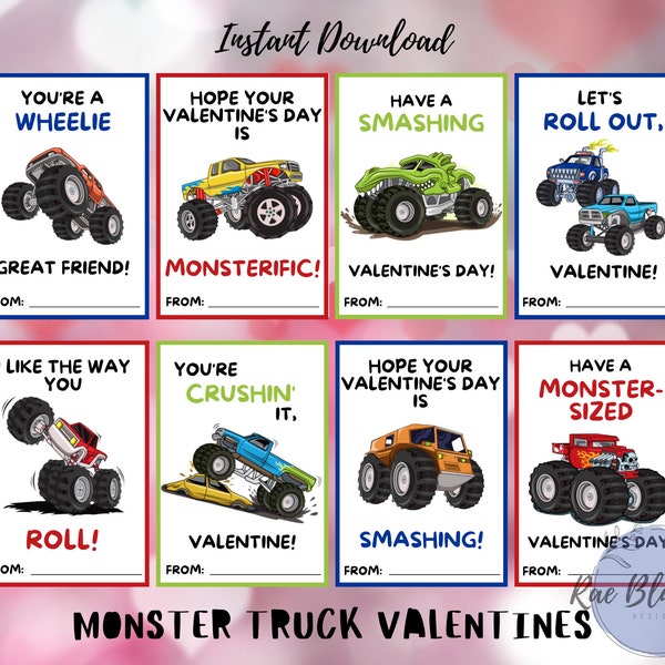 Monster Truck Valentines INSTANT DOWNLOAD Kids Valentines, Printable Valentines, Valentine Cards, Truck Valentines, Boys Valentines