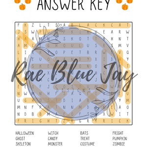 May include: A Halloween-themed word search puzzle with an answer key. The puzzle features words related to Halloween, such as "ghost", "witch", "vampire", and "treat".