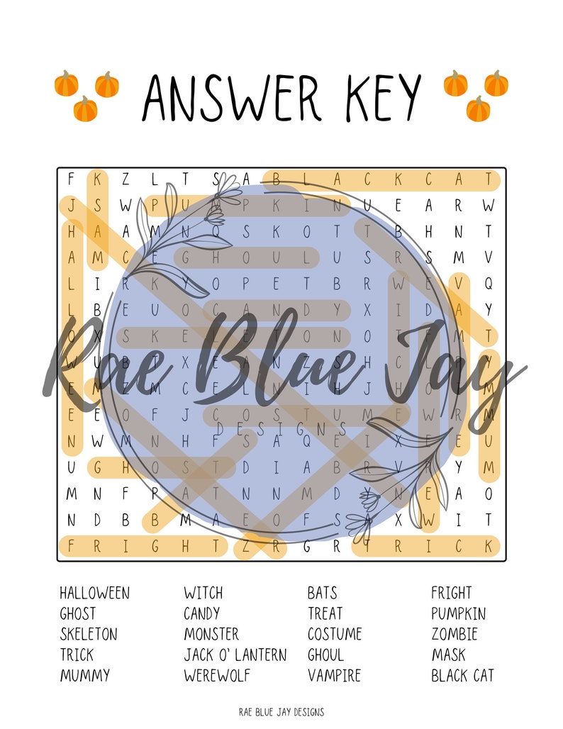 May include: A Halloween-themed word search puzzle with an answer key. The puzzle features words related to Halloween, such as "ghost", "witch", "vampire", and "treat".
