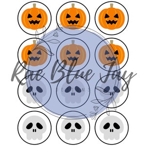 May include: Nine printable Halloween party circles featuring alternating images of orange jack-o'-lantern faces and white skulls. The circles are outlined in black and set against a white background.