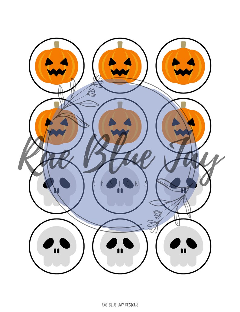 May include: Nine printable Halloween party circles featuring alternating images of orange jack-o'-lantern faces and white skulls. The circles are outlined in black and set against a white background.