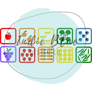 May include: A colorful illustration of nine squares, each containing a different fruit or vegetable. The squares are arranged in a rainbow pattern, with red, orange, yellow, green, blue, and purple squares. The fruits and vegetables include an apple, an orange, bananas, broccoli, blueberries, grapes, strawberries, carrots, lemons, and green beans.
