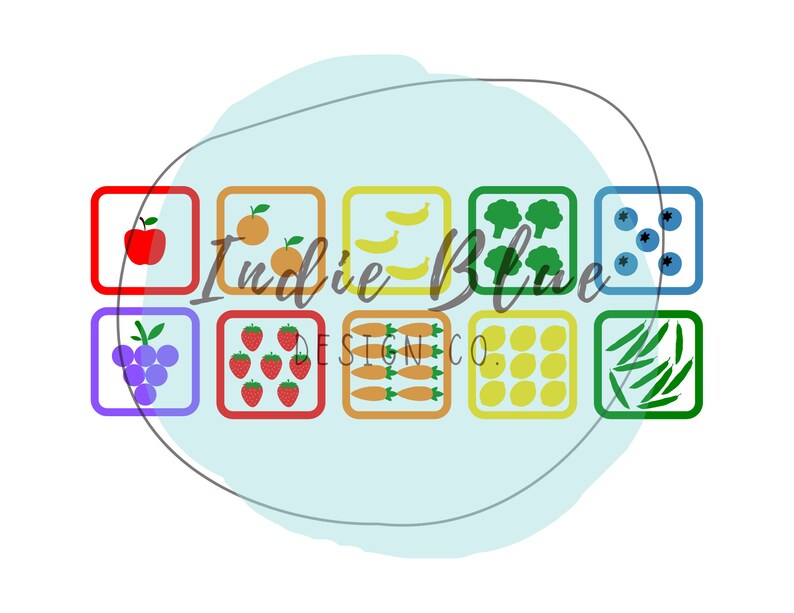 May include: A colorful illustration of nine squares, each containing a different fruit or vegetable. The squares are arranged in a rainbow pattern, with red, orange, yellow, green, blue, and purple squares. The fruits and vegetables include an apple, an orange, bananas, broccoli, blueberries, grapes, strawberries, carrots, lemons, and green beans.