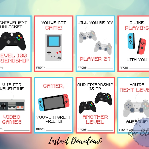 Video Game Valentines INSTANT DOWNLOAD Kids Valentines, Printable Valentines, Valentine Cards, Print at Home Valentines, Gamer Valentines