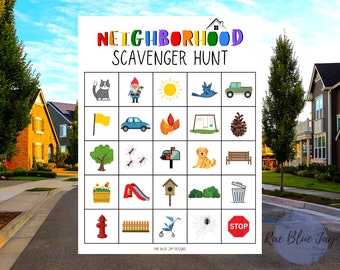 May include: A printable neighborhood scavenger hunt game with a colorful title and 16 illustrated squares. The squares feature images of a cat, gnome, sun, bird, truck, flag, car, leaves, swing set, pine cone, tree, ants, mailbox, dog, bench, flower pot, slide, birdhouse, bushes, trash can, fire hydrant, fence, stroller, spider web, and a stop sign.