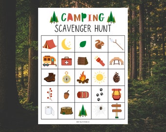 May include: A printable camping scavenger hunt bingo card with 16 illustrated squares. The squares feature images of a tent, a crescent moon, a leaf, a squirrel, a stick, a camper, a first aid kit, logs, a flashlight, a picnic table, hiking boots, a compass, a campfire, the sun, a pine cone, berries, an acorn, a sleeping bag, paw prints, a backpack, toilet paper, a tree stump, a spider web, and a signpost.