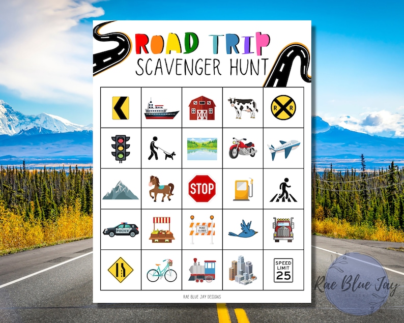 May include: A colorful road trip scavenger hunt game with a grid of 16 squares. Each square contains a different road trip related icon, such as a car, a stop sign, a gas station, and a cow. The game is titled "Road Trip Scavenger Hunt".