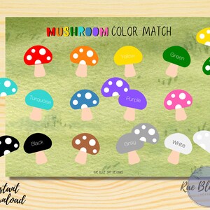 Mushroom Color Match INSTANT DOWNLOAD, Printable Toddler Activity, PreK Learning, Homeschool Printable, Fun Learning, Busy Book