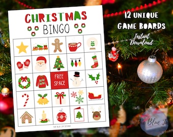 May include: A printable Christmas Bingo game with 12 unique game boards. The bingo card features 25 squares with various Christmas-themed images, including a gingerbread man, a Christmas tree, a snowman, a stocking, and a candy cane. The text "CHRISTMAS BINGO" is at the top of the card. The text "12 UNIQUE GAME BOARDS" and "Instant Download" are at the top right of the card.