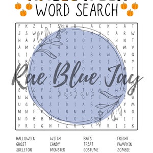 May include: A printable Halloween word search puzzle with a blue background and a floral design. The puzzle features words related to Halloween, such as "ghost", "witch", "vampire", and "black cat".