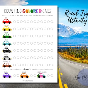 Gekleurde auto's tellen, afdrukbaar voor kinderen, roadtripplezier, roadtrip afdrukbaar, roadtrip voor kinderen