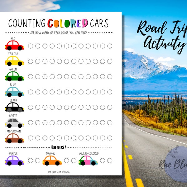 Counting Colored Cars Printable, Kids Road Trip Fun, Road Trip Printable, Kids Road Trip Activity