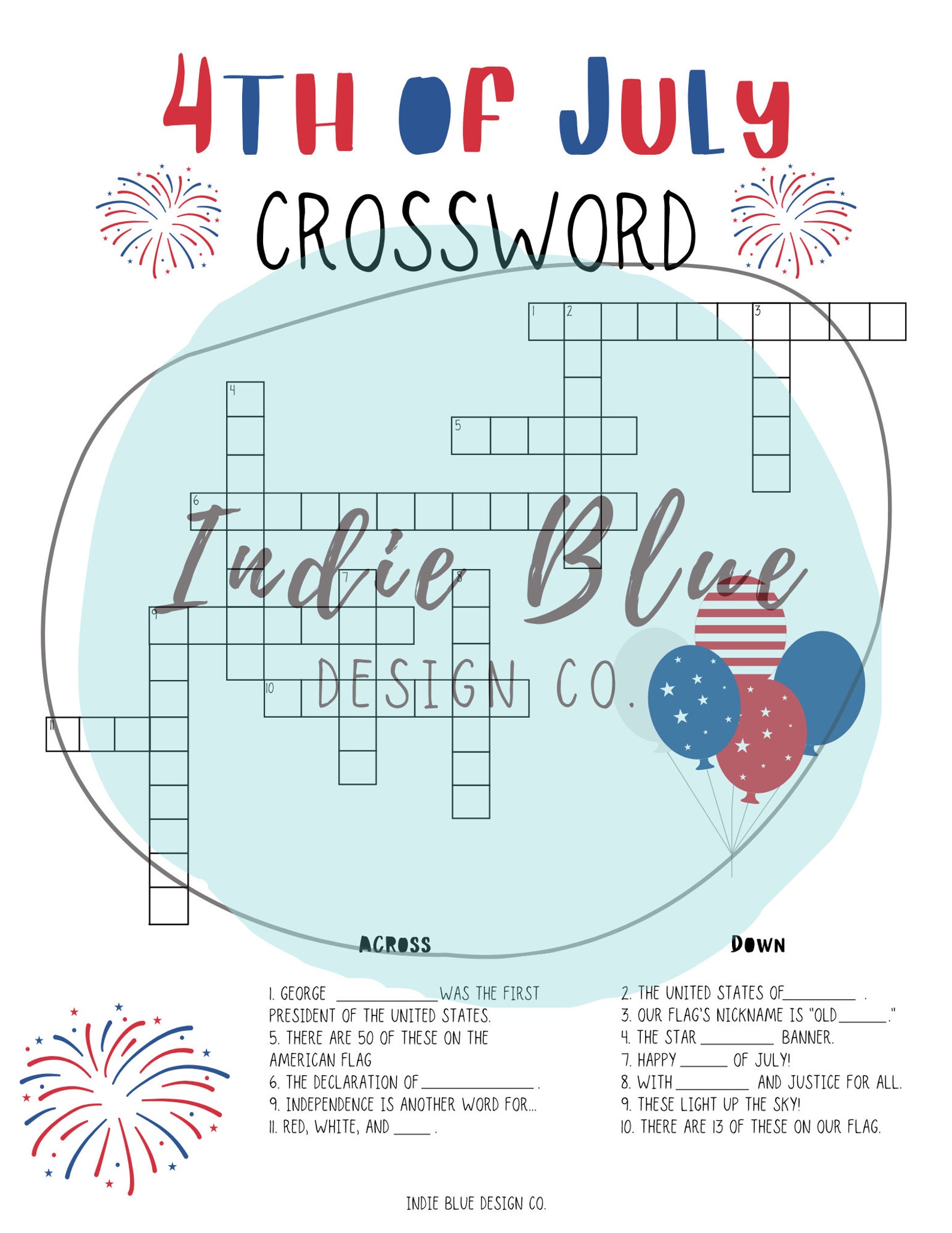 4th of July Crossword Puzzle Printable Kids Crossword Puzzle Etsy