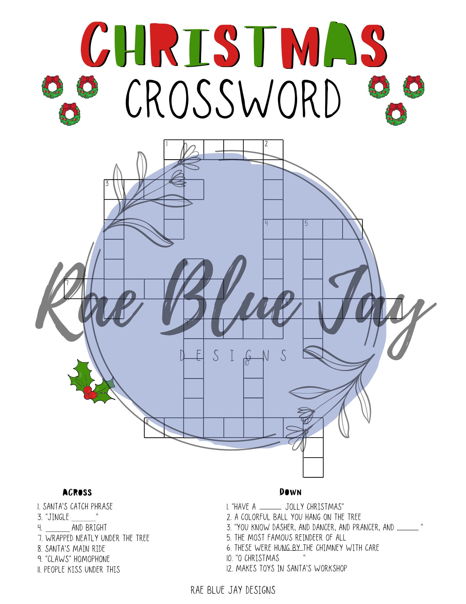 Christmas Crossword Puzzle Printable, Instant Download Kids Crossword ...