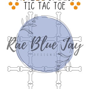May include: A printable Halloween Tic Tac Toe game with a blue circle background and bone-shaped game pieces. The text "HALLOWEEN TIC TAC TOE" is at the top of the page. There are three orange pumpkins on each side of the text.