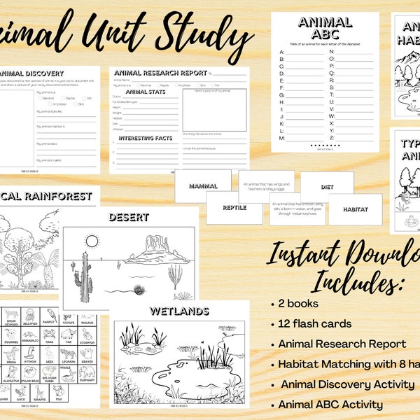 INSTANT DOWNLOAD Animal Unit Study, Animal Learning, Homeschool, Homeschool Printable, Homeschool Download, Animal Study, Animal Activity