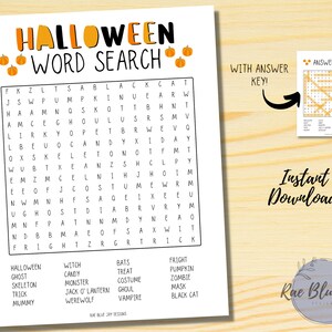 May include: A printable Halloween word search puzzle with a black and white grid of letters. The words to find are listed below the grid, including "Halloween", "Ghost", "Skeleton", "Trick", "Mummy", "Witch", "Candy", "Monster", "Jack O' Lantern", "Werewolf", "Bats", "Treat", "Costume", "Ghoul", "Vampire", "Fright", "Pumpkin", "Zombie", "Mask", "Black Cat".