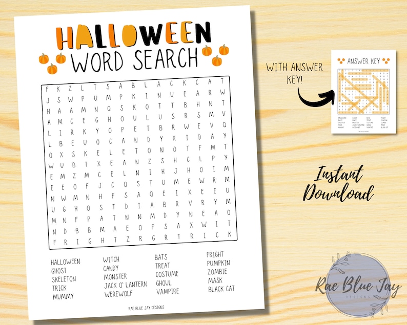 May include: A printable Halloween word search puzzle with a black and white grid of letters. The words to find are listed below the grid, including "Halloween", "Ghost", "Skeleton", "Trick", "Mummy", "Witch", "Candy", "Monster", "Jack O' Lantern", "Werewolf", "Bats", "Treat", "Costume", "Ghoul", "Vampire", "Fright", "Pumpkin", "Zombie", "Mask", "Black Cat".