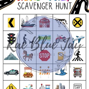 May include: A road trip scavenger hunt game board with a blue background and a grid of 5x5 squares. Each square contains a different image related to road trips, such as a car, a stop sign, a cow, a train, and a speed limit sign. The game board is titled "Road Trip Scavenger Hunt".