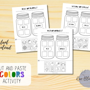 INSTANT DOWNLOAD Cut and Paste Colors Activity, Kids Cutting Practice, Learn Colors, Kindergarten Worksheet, Homeschool Printable