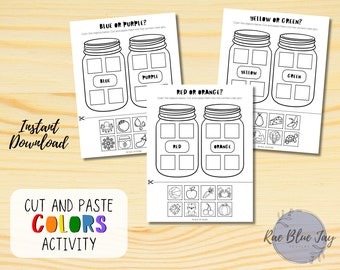 INSTANT DOWNLOAD Cut and Paste Colors Activity, Kids Cutting Practice, Learn Colors, Kindergarten Worksheet, Homeschool Printable