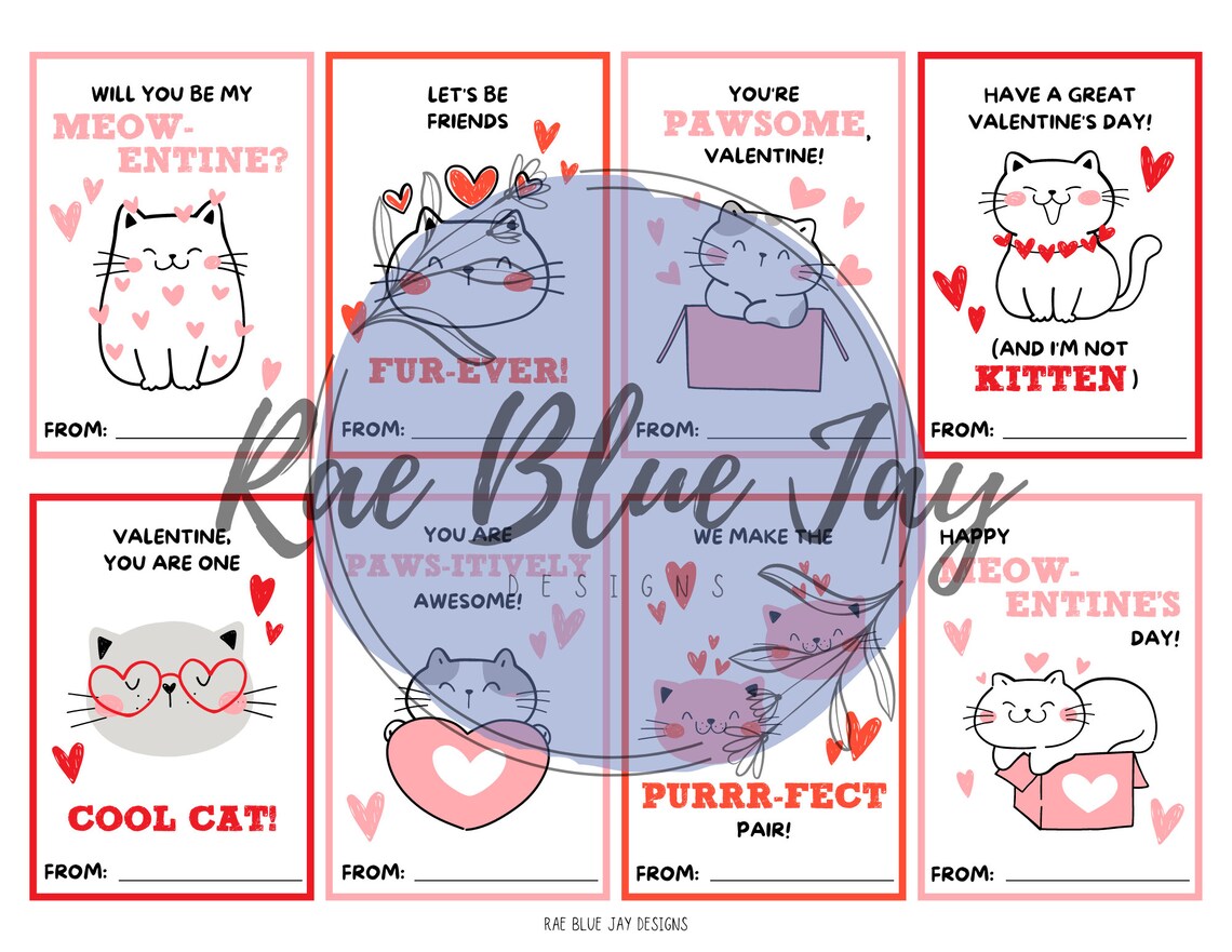 Cat Valentines INSTANT DOWNLOAD Kids Valentines, Printable Valentines ...