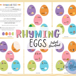 May include: A printable educational game for kids featuring rhyming words. The game includes colorful eggs with illustrations and words like 'duck' and 'truck', 'rain' and 'cake', 'snake' and 'king', 'map' and 'ring', 'clap' and 'mail', 'snail' and 'shell', 'gate' and 'skate', 'throw' and 'snow', 'rug' and 'stop', 'camp' and 'lamp', 'fly' and 'tie', 'glue' and 'shoe', 'pig' and 'dig'.
