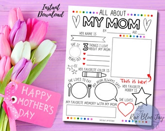 All About My Mom INSTANT DOWNLOAD, Mother's Day Printable, Gift for Mom, Mother's Day Gift, Kids Interview, Mom Gift