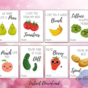 San Valentín de frutas y verduras, San Valentín para niños, San Valentín imprimible, Tarjetas de San Valentín, Imprimir en casa San Valentín para niños, San Valentín lindo, Juegos de palabras