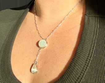Moonstone Lariat Necklace, Handcrafted Sterling Silver with Moon Face Detail