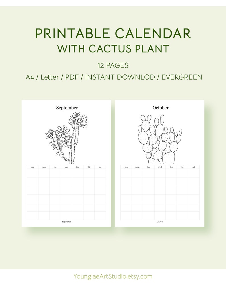 Printable / Evergreen Undated Calendar With Cactus Plant. Wall Etsy