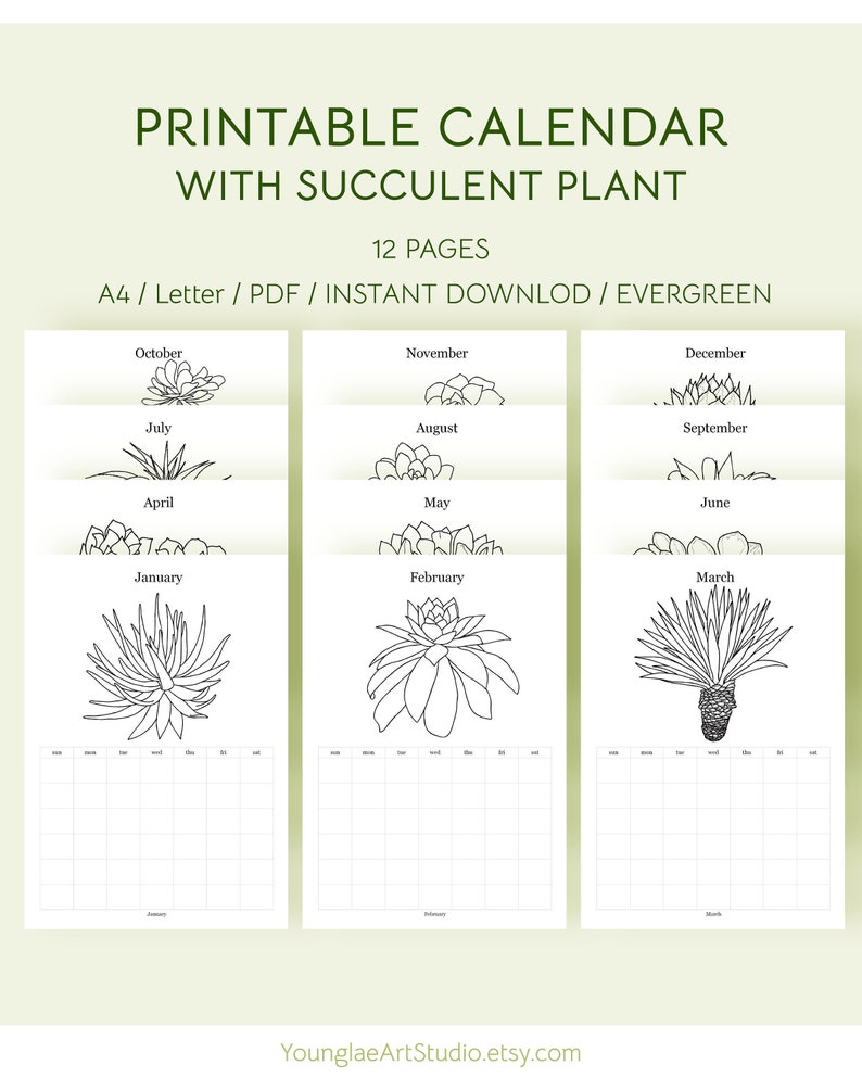 Printable / Evergreen Undated Calendar With Succulent Plant. Etsy